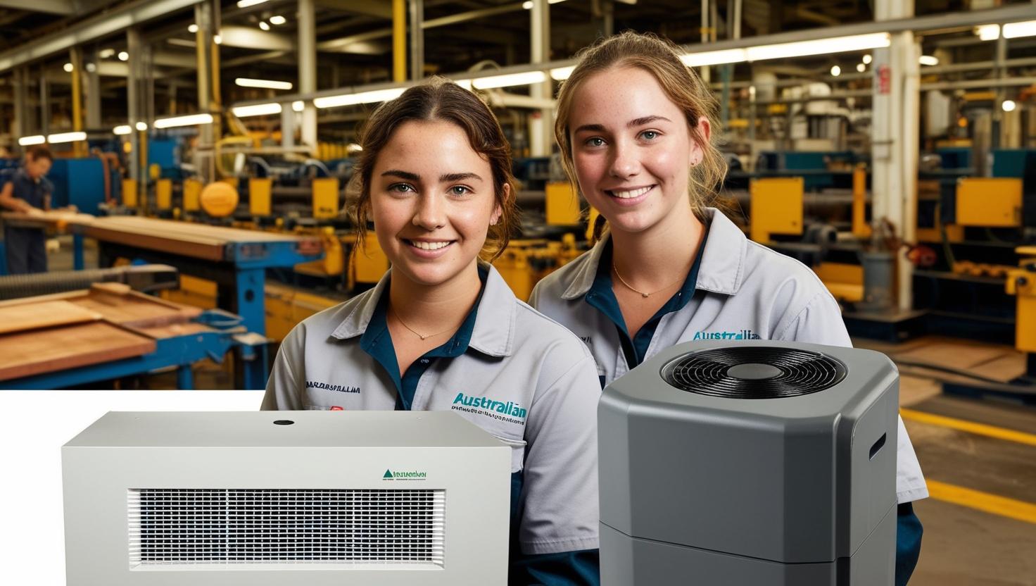 Two women in uniform standing behind industrial dehumidifiers in a factory setting Two women in uniform standing behind industrial dehumidifiers in a factory setting
